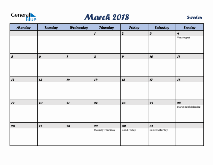 March 2018 Calendar with Holidays in Sweden