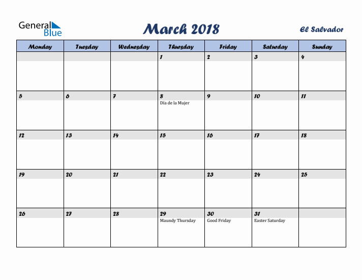 March 2018 Calendar with Holidays in El Salvador