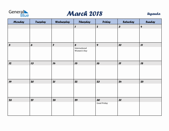 March 2018 Calendar with Holidays in Uganda