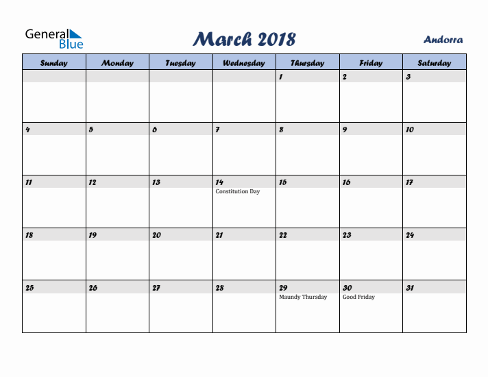 March 2018 Calendar with Holidays in Andorra