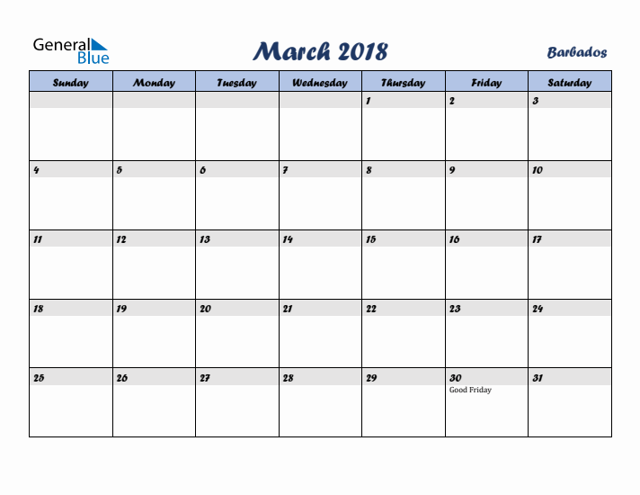 March 2018 Calendar with Holidays in Barbados