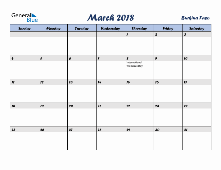 March 2018 Calendar with Holidays in Burkina Faso