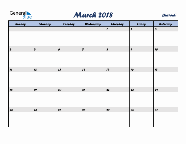 March 2018 Calendar with Holidays in Burundi