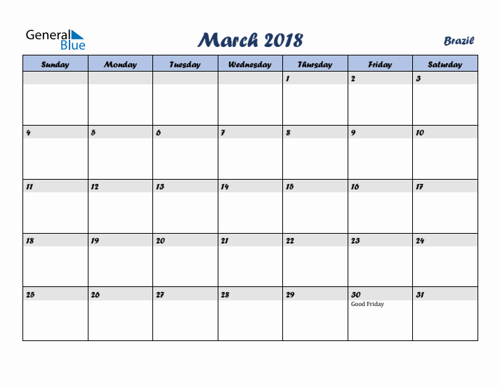 March 2018 Calendar with Holidays in Brazil