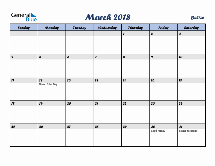 March 2018 Calendar with Holidays in Belize