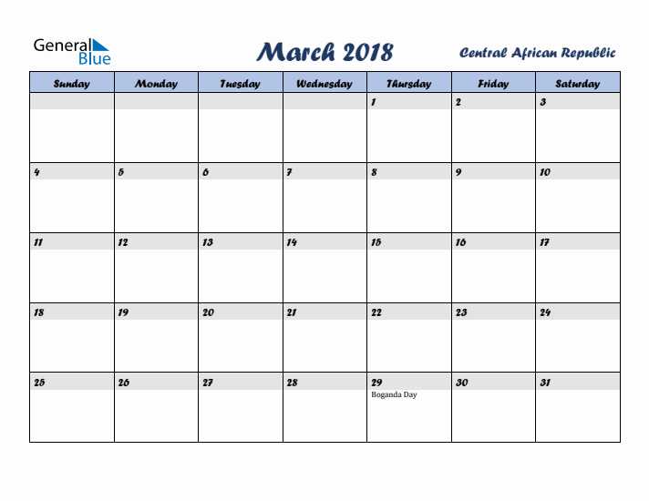 March 2018 Calendar with Holidays in Central African Republic