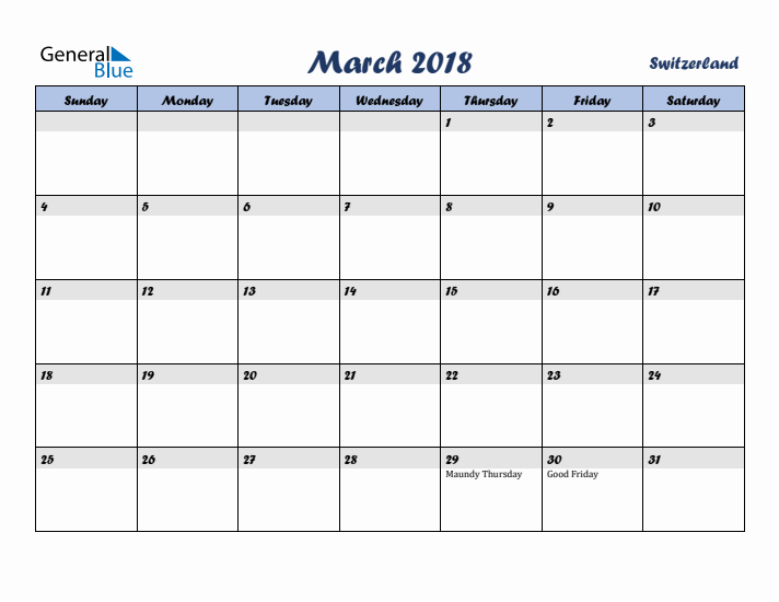 March 2018 Calendar with Holidays in Switzerland