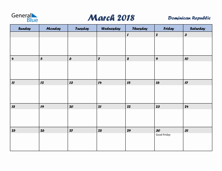 March 2018 Calendar with Holidays in Dominican Republic