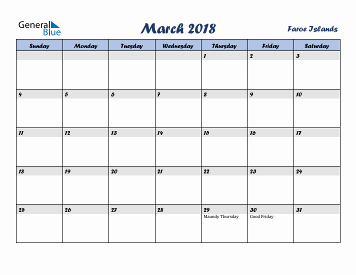 March 2018 Calendar with Holidays in Faroe Islands