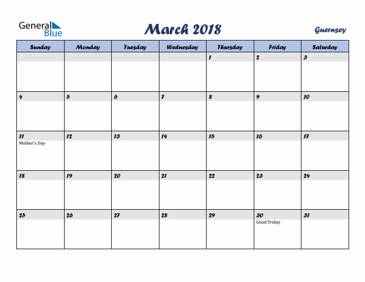 March 2018 Calendar with Holidays in Guernsey