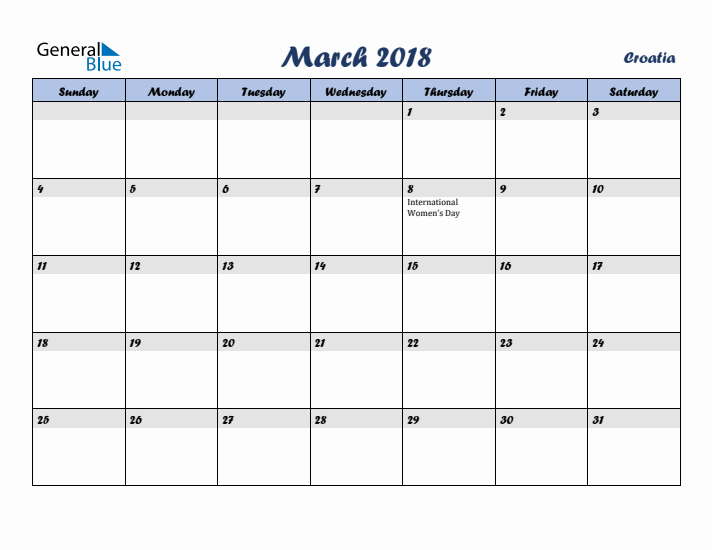 March 2018 Calendar with Holidays in Croatia