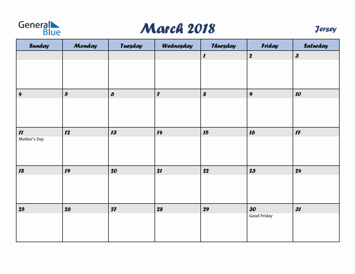 March 2018 Calendar with Holidays in Jersey