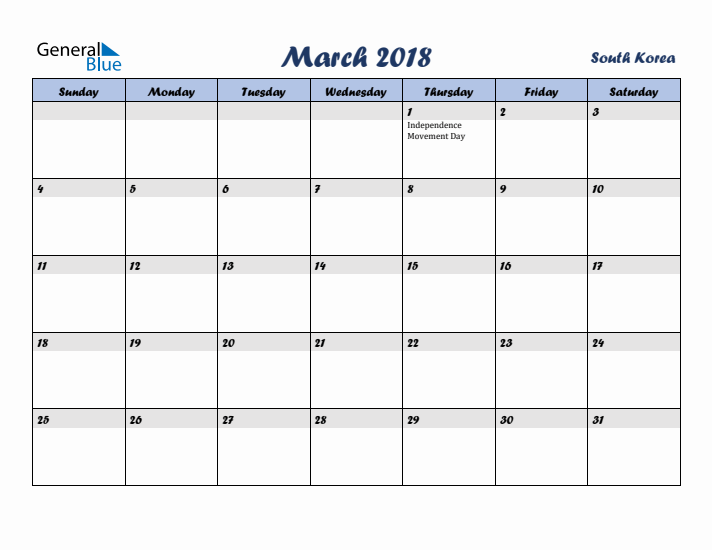 March 2018 Calendar with Holidays in South Korea