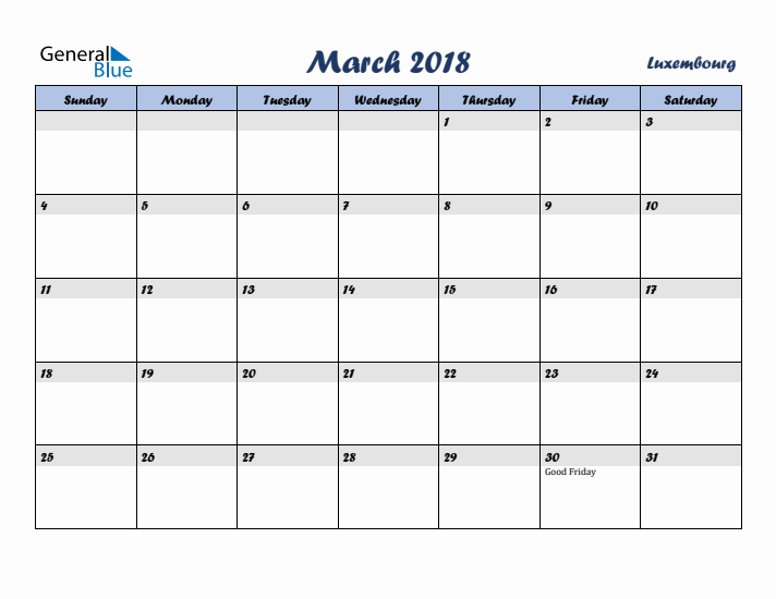 March 2018 Calendar with Holidays in Luxembourg