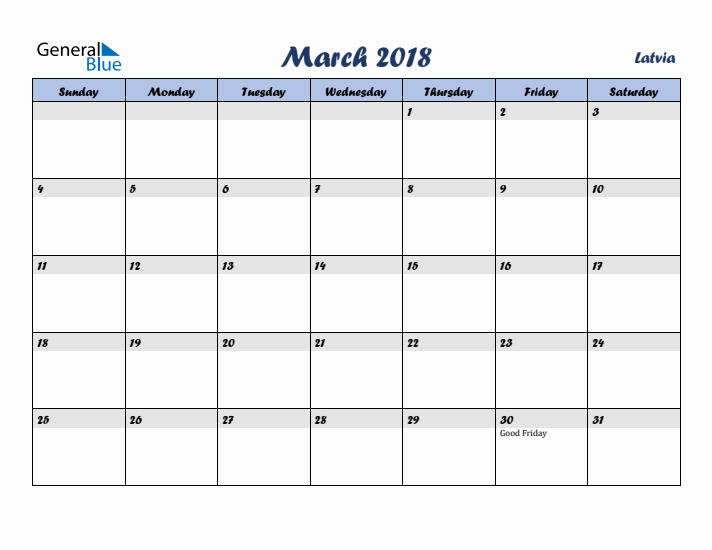 March 2018 Calendar with Holidays in Latvia