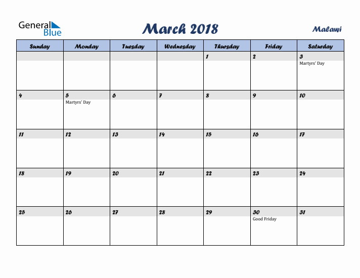 March 2018 Calendar with Holidays in Malawi