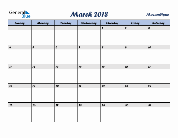 March 2018 Calendar with Holidays in Mozambique