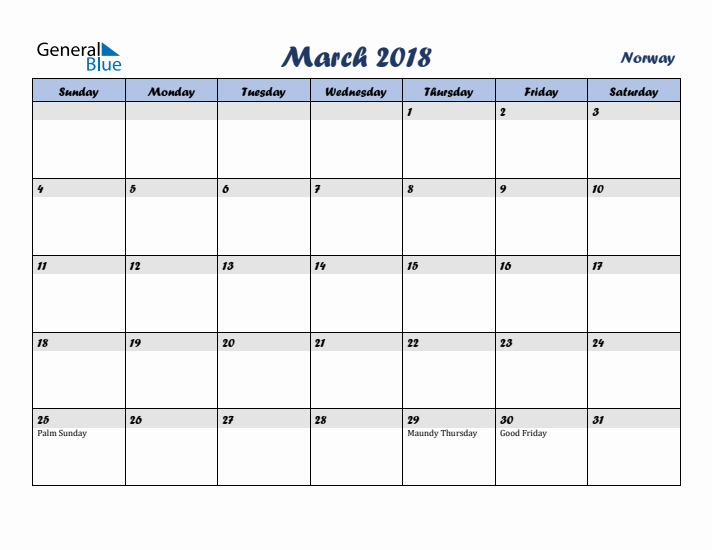 March 2018 Calendar with Holidays in Norway