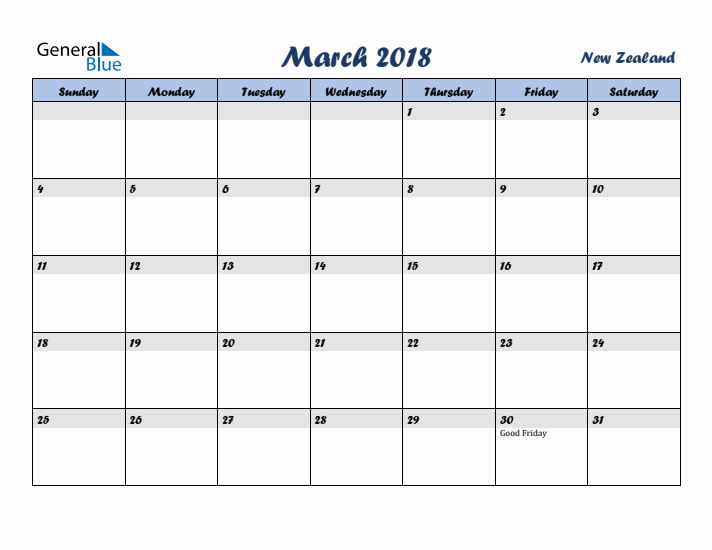 March 2018 Calendar with Holidays in New Zealand