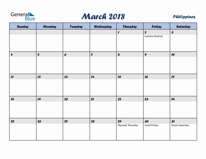 March 2018 Calendar with Holidays in Philippines