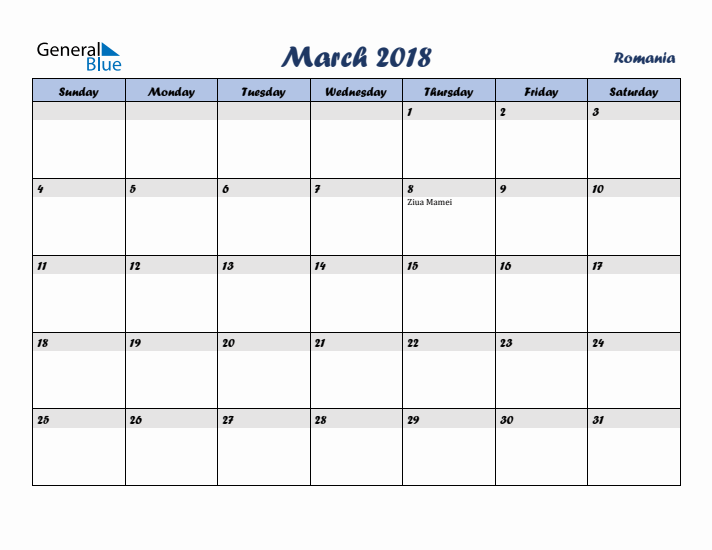 March 2018 Calendar with Holidays in Romania