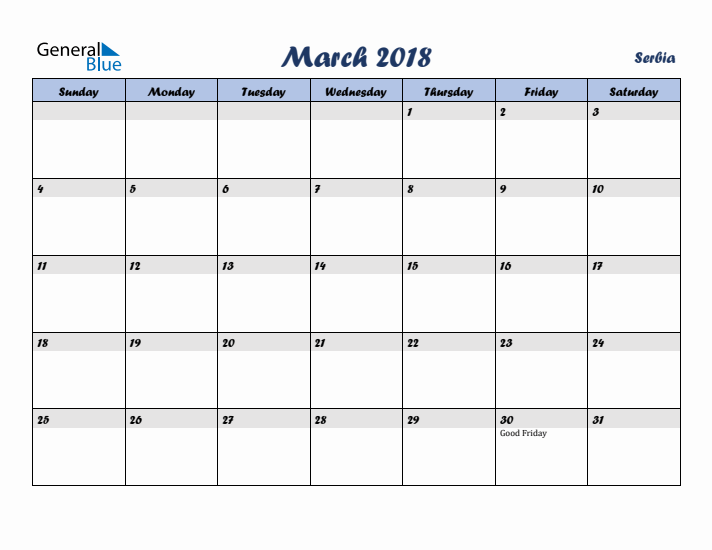 March 2018 Calendar with Holidays in Serbia