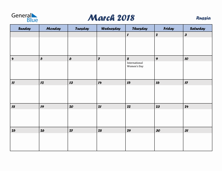 March 2018 Calendar with Holidays in Russia