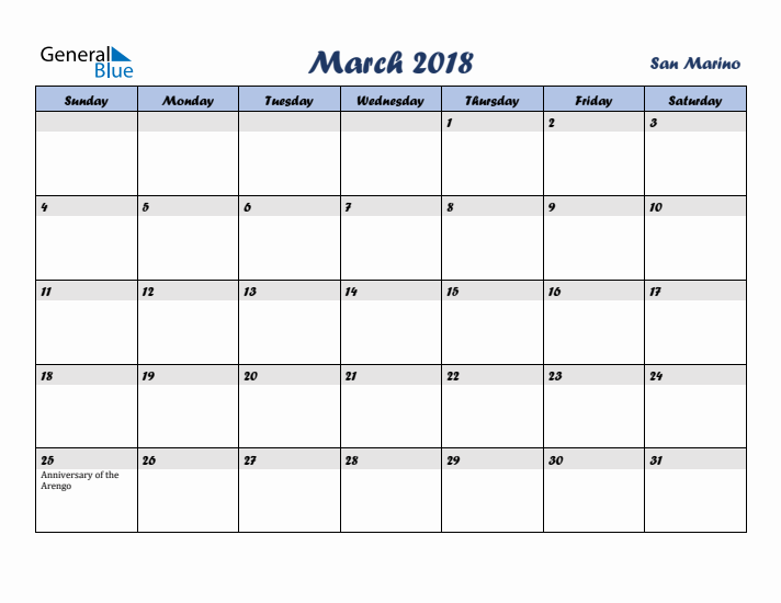 March 2018 Calendar with Holidays in San Marino