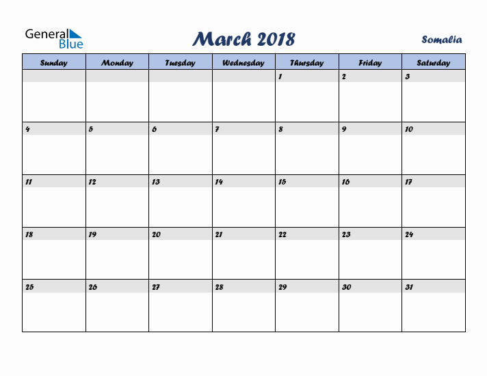 March 2018 Calendar with Holidays in Somalia