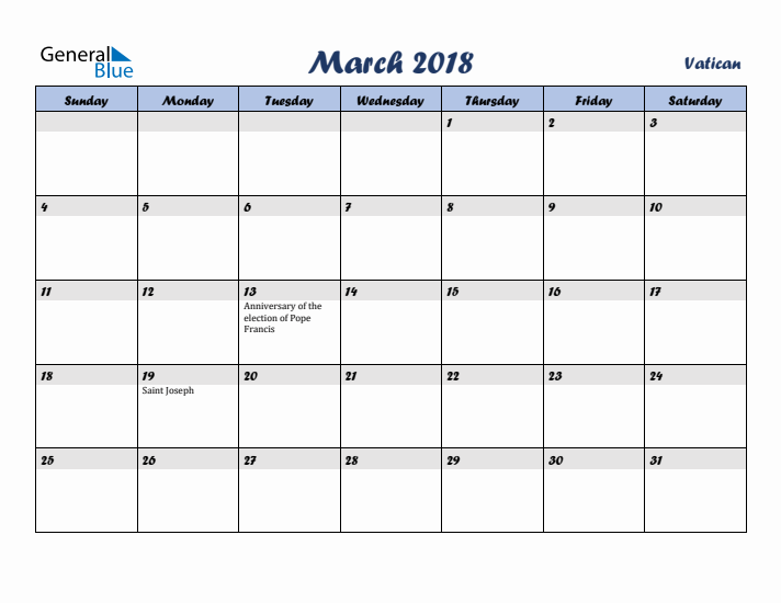 March 2018 Calendar with Holidays in Vatican