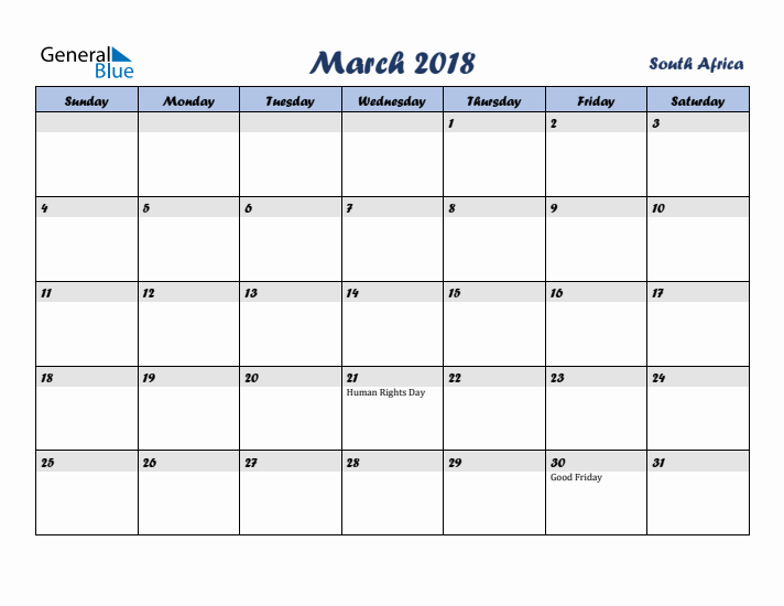 March 2018 Calendar with Holidays in South Africa