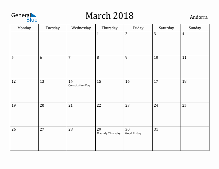 March 2018 Calendar Andorra