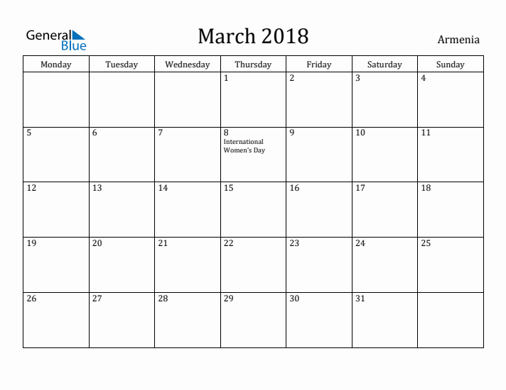 March 2018 Calendar Armenia