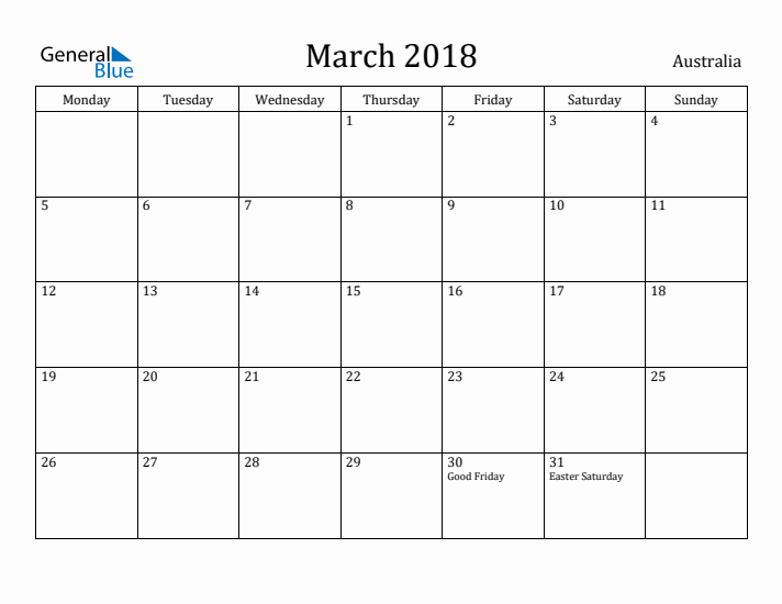 March 2018 Calendar Australia