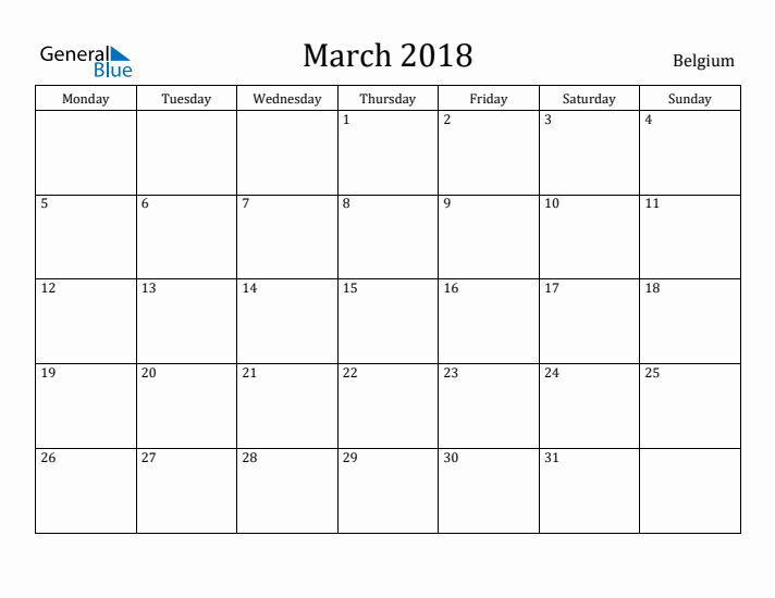 March 2018 Calendar Belgium