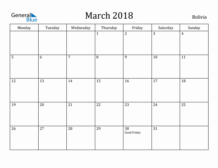 March 2018 Calendar Bolivia