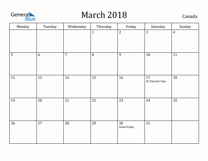 March 2018 Calendar Canada