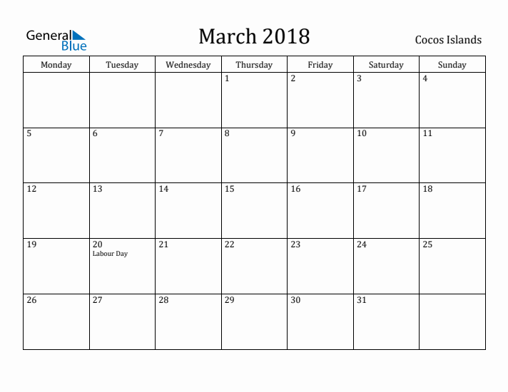 March 2018 Calendar Cocos Islands