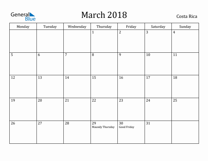 March 2018 Calendar Costa Rica