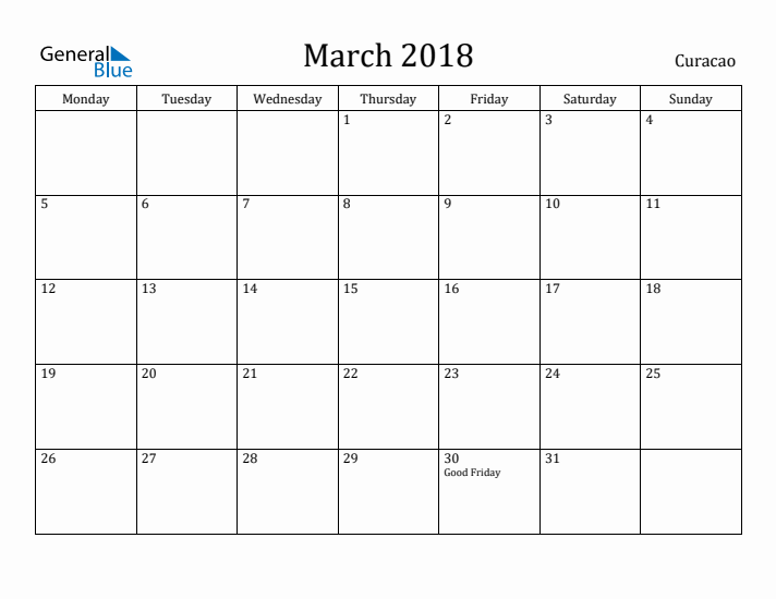 March 2018 Calendar Curacao