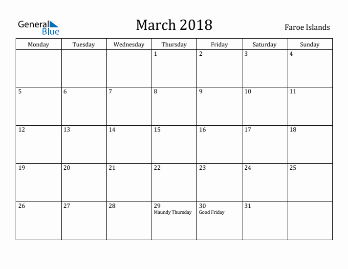 March 2018 Calendar Faroe Islands