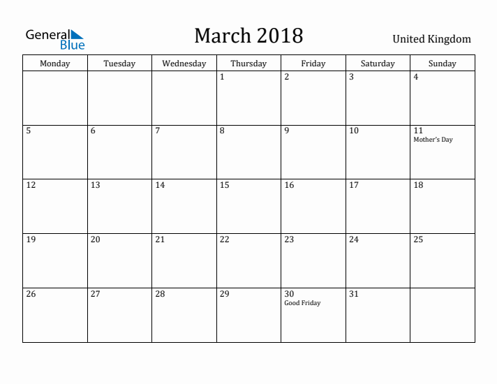 March 2018 Calendar United Kingdom