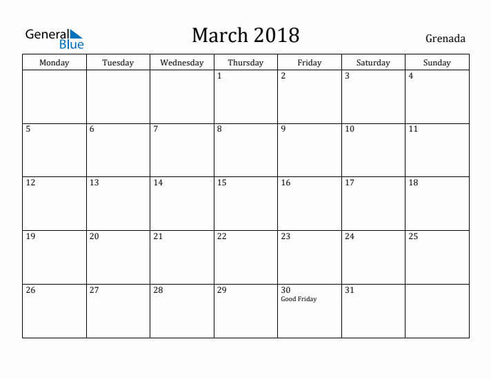 March 2018 Calendar Grenada