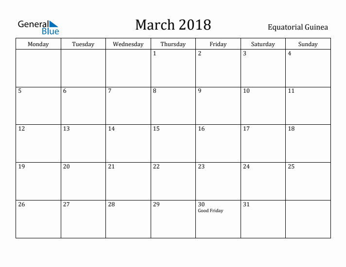 March 2018 Calendar Equatorial Guinea