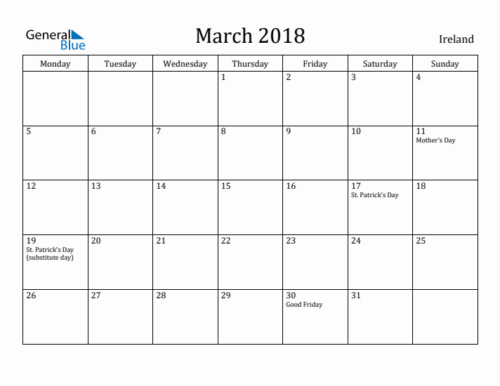 March 2018 Calendar Ireland