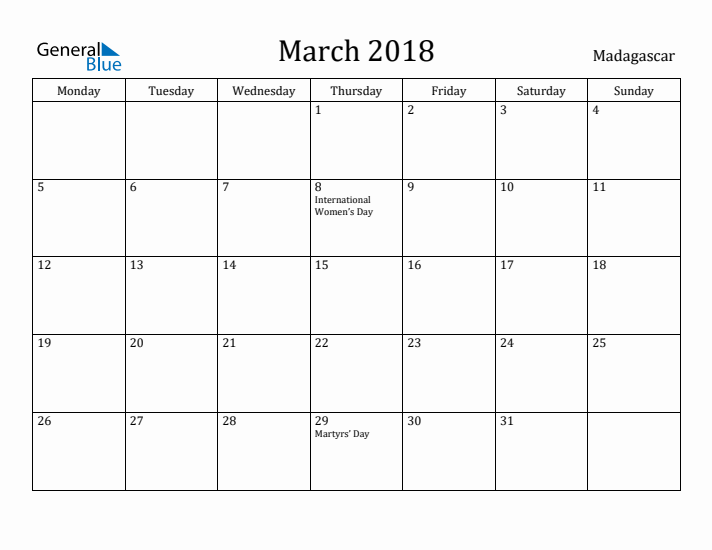 March 2018 Calendar Madagascar