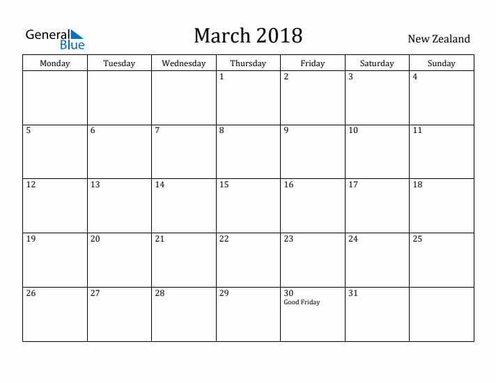 March 2018 Calendar New Zealand