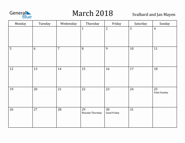 March 2018 Calendar Svalbard and Jan Mayen