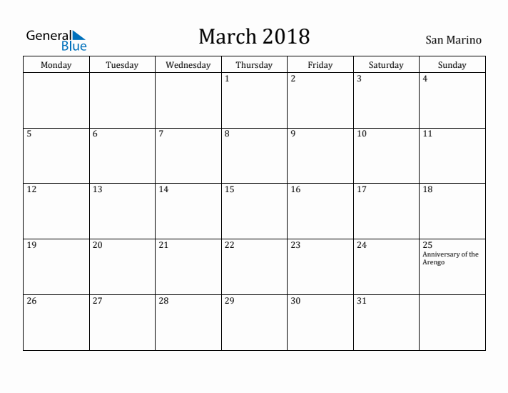 March 2018 Calendar San Marino