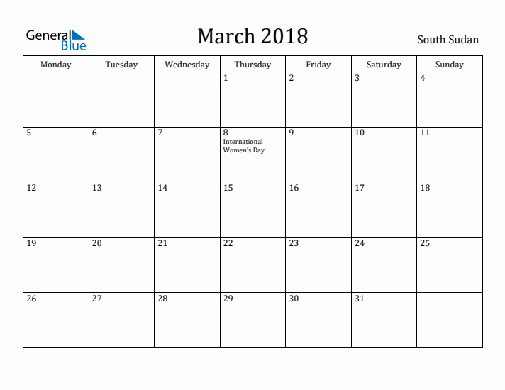 March 2018 Calendar South Sudan